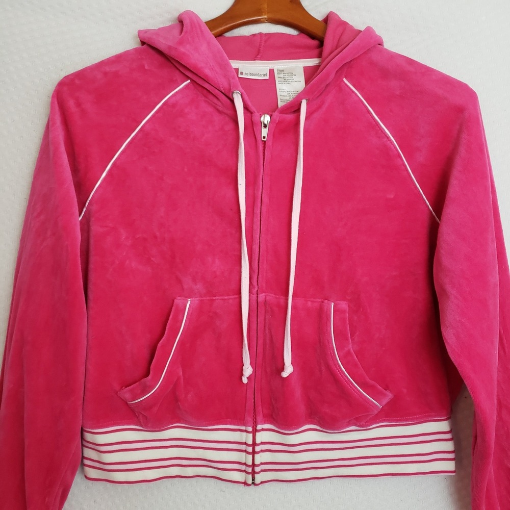 Y2K No Boundaries Velour Cropped Hoodie Jacket‎ Juniors Pink XL Womens S/M